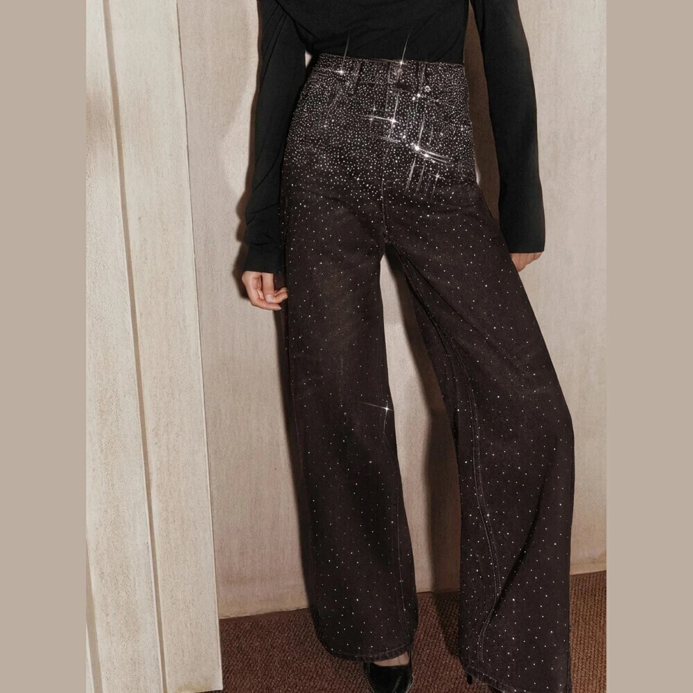 Brown Rhinestone Studded Denim High Waist Wide Leg Jeans